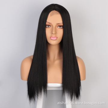 Aisi Hair Best Selling Middle Part Natural Hairline Long Black Fiber Straight Machine Made For Black Women Synthetic Hair Wigs
